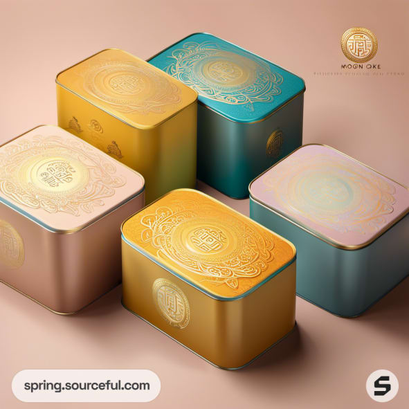 Colorful decorative tin boxes with gold patterns on a beige background.