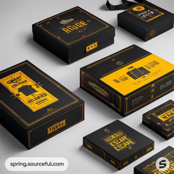 Black and yellow escape room boxes with intricate designs on a white background.