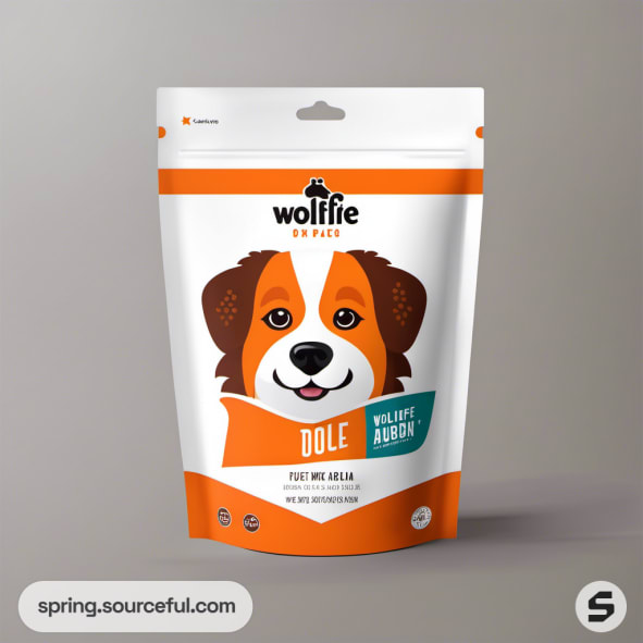 Orange resealable pouch with a cartoon dog design and product description.