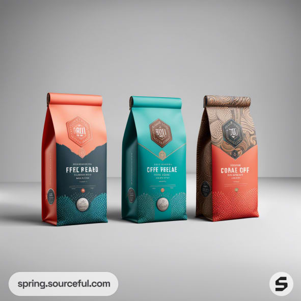 Three colorful coffee bags in coral, teal, and brown with patterns and text designs.