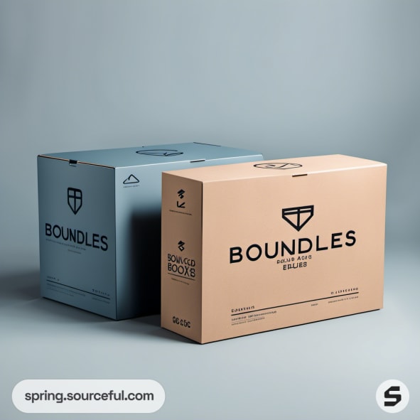 Two cardboard boxes with 'Boundles' branding, one blue and one beige, against a gray background.