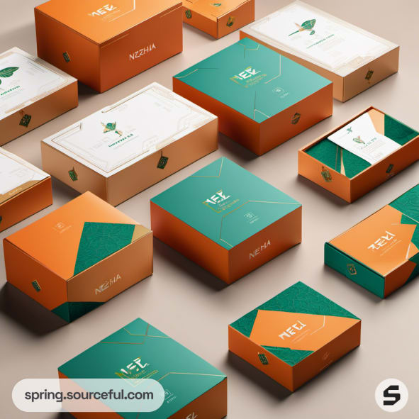 Assorted green and orange packaging boxes arranged on a light surface.