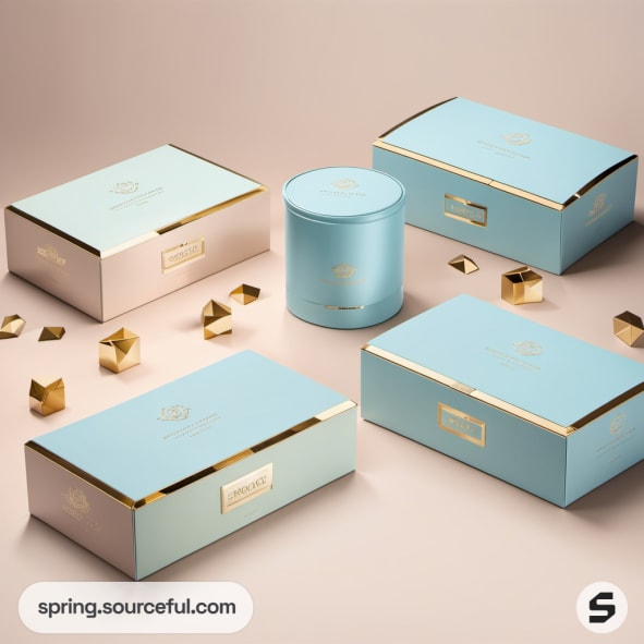 Elegant blue and gold boxes with geometric decor on a neutral background.