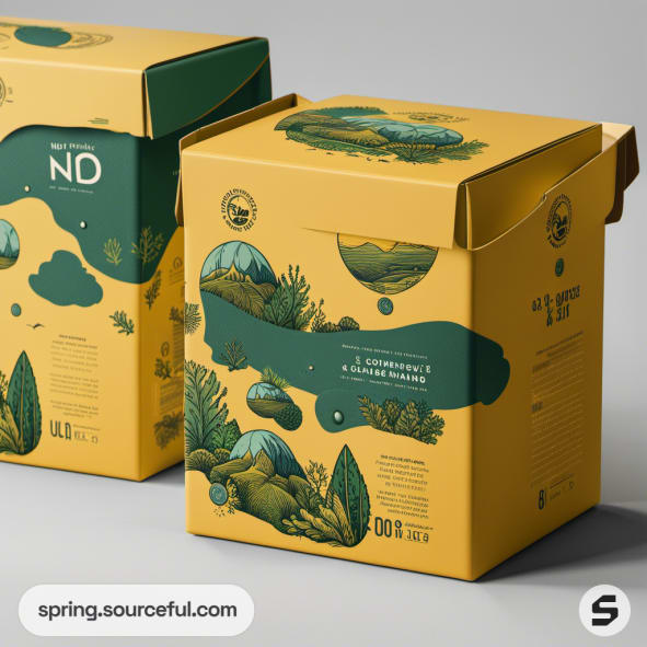 Yellow and green box with nature illustrations.