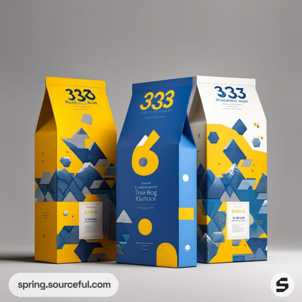 Triangular boxes in bright yellow and blue with geometric designs.