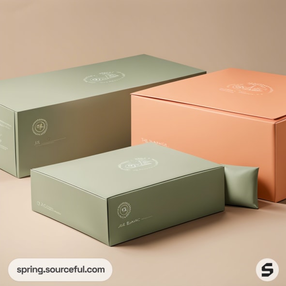 Green and orange rectangular boxes with elegant text, placed on a beige background.