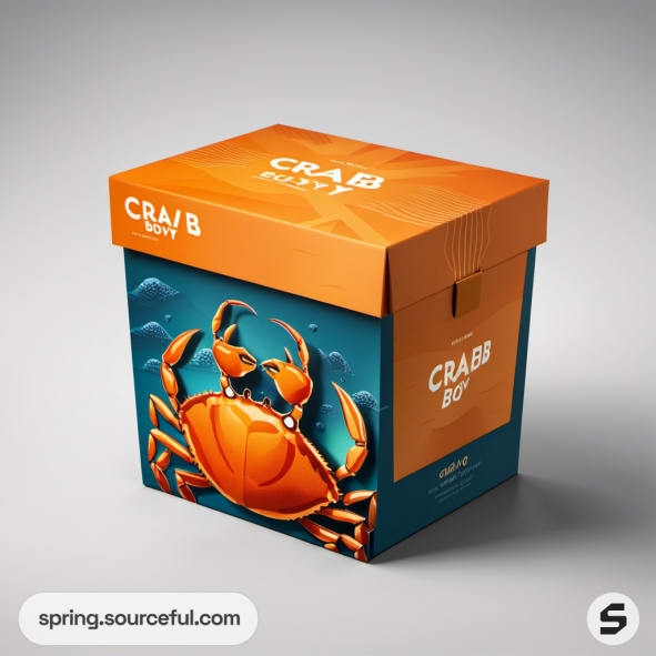 Square box with a crab design featuring orange and teal colors.