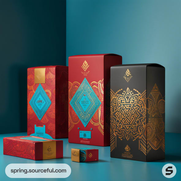 Luxury packaging with intricate geometric designs in red and black, featuring gold and teal accents.