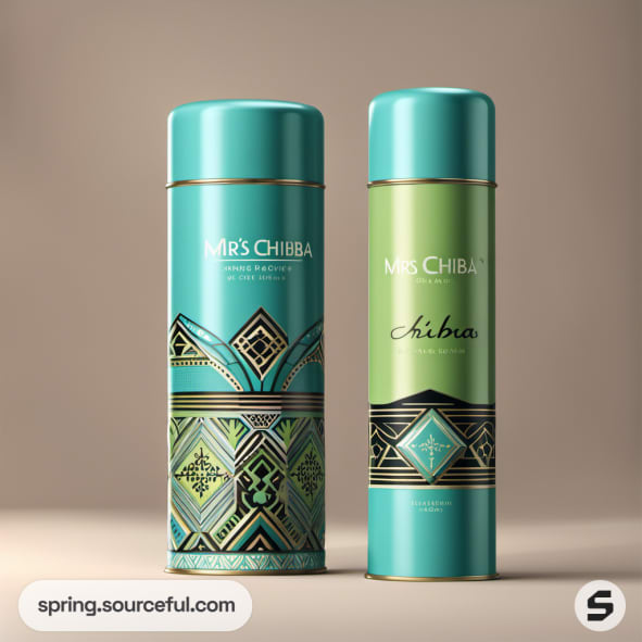 Mint green cylindrical tins with geometric patterns.