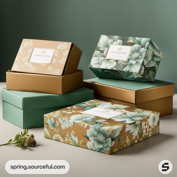 Floral and solid color boxes with green and gold hues.