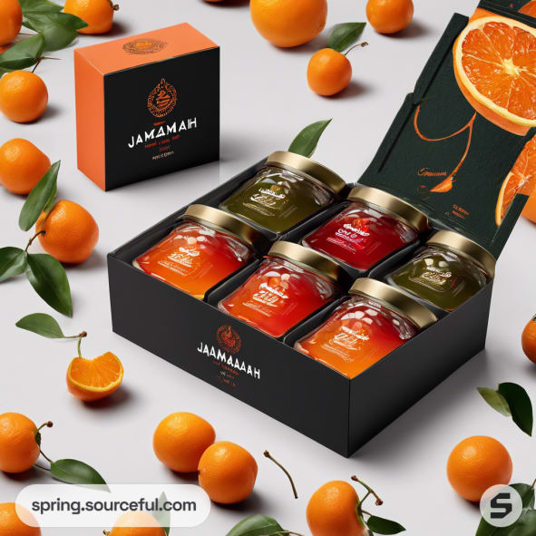 Assorted jam jars in a black box with orange fruit decor.