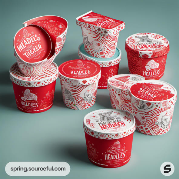 Red ice cream tubs with tiger illustrations and white lids on a green background.