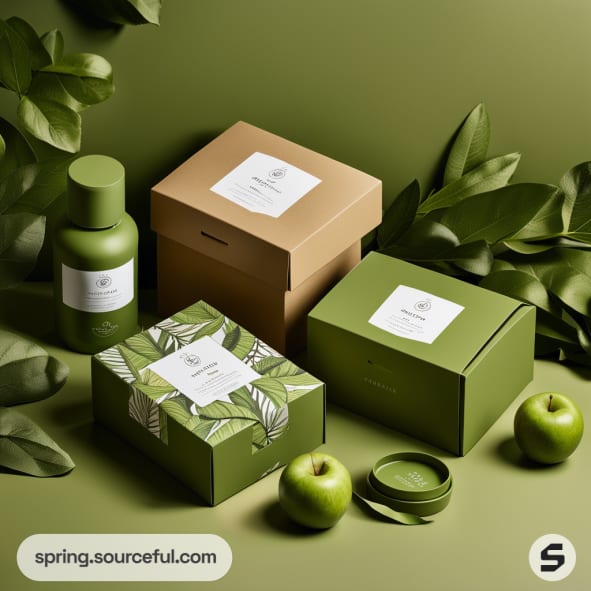 Green and beige eco-friendly packaging with leaf patterns and apples on a green background.