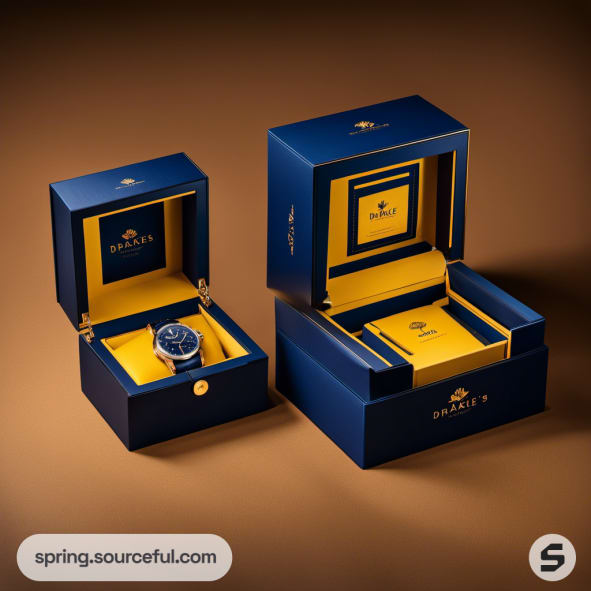 Blue and yellow watch boxes with elegant design, featuring a watch displayed inside, on a brown background.