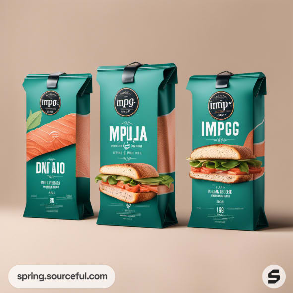 Teal and peach packaging for sandwiches with leaf design on stand-up pouches.