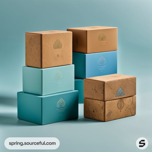 Stacked kraft and teal boxes with leaf design, set against a soft blue background.