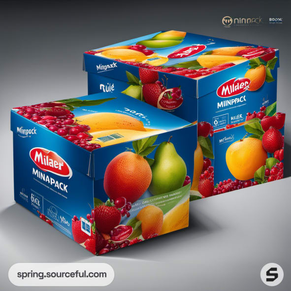 Colorful fruit-themed packaging with blue background and assorted fruits on mailer boxes.