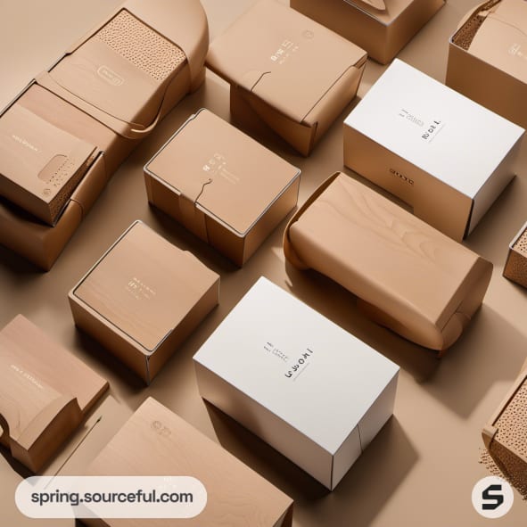 Neutral-colored mailer boxes with minimalist design arranged on a surface.