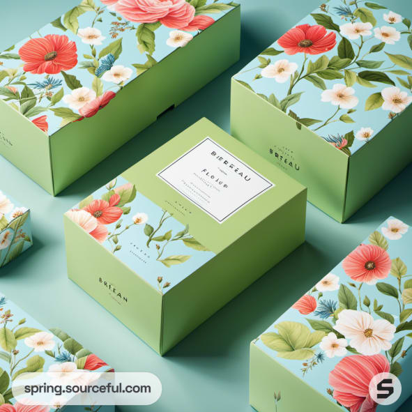 Floral green and blue boxes with botanical patterns