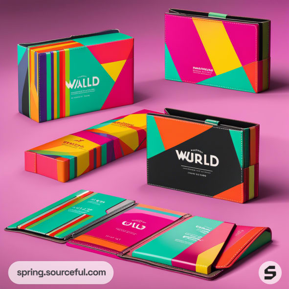 Colorful geometric-patterned mailer boxes with vibrant designs on a pink background.