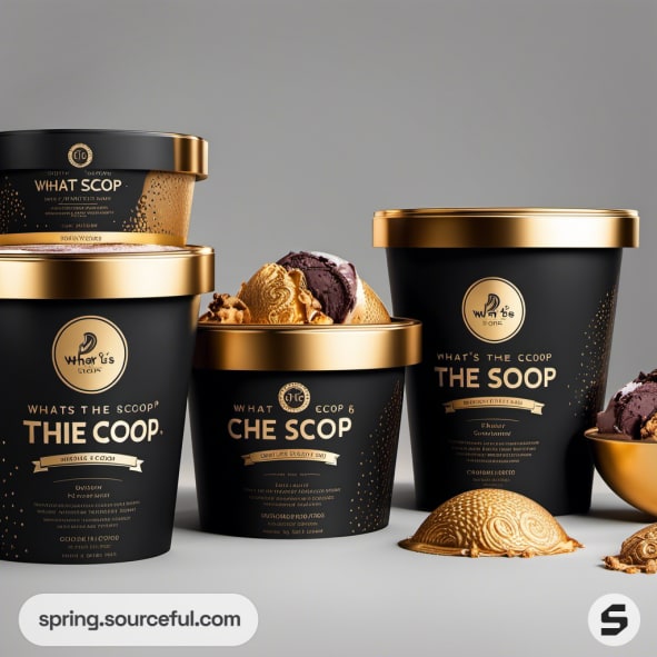 Ice cream tubs with gold and black design, featuring text patterns.