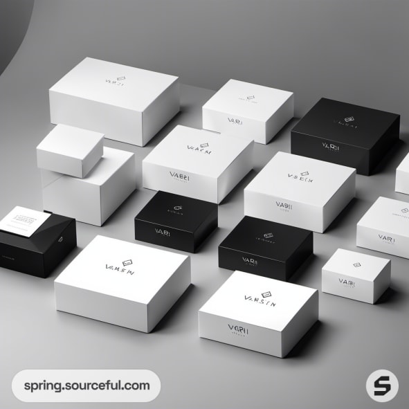 Assorted black and white rectangular boxes with minimal branding.