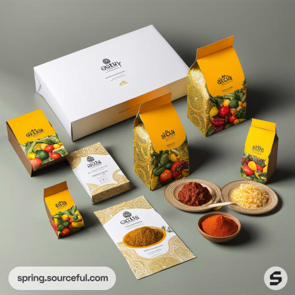 Elegant spice set in white and gold packaging with herbs and spices displayed on a neutral background.