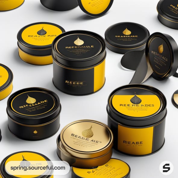 Black and gold cylindrical and round tins with labels