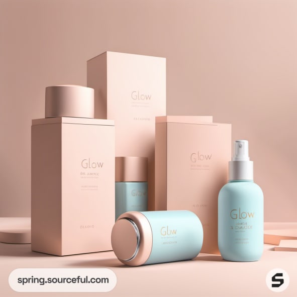 Assorted skincare products in pastel pink and blue packaging.