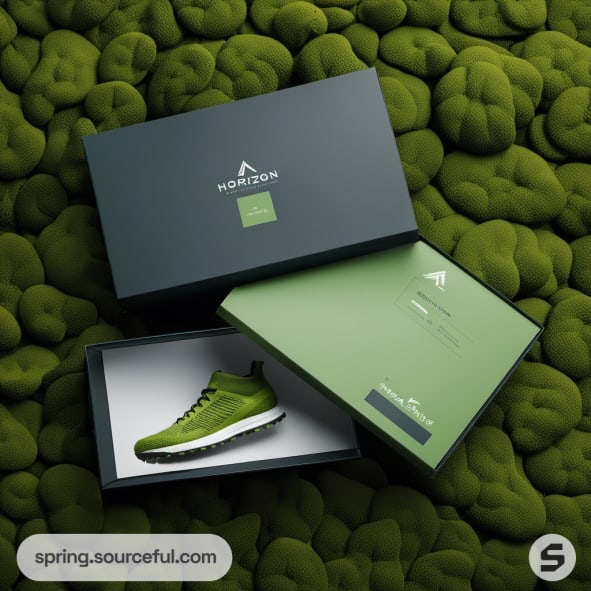 Green shoes in textured dark green box on lush background.