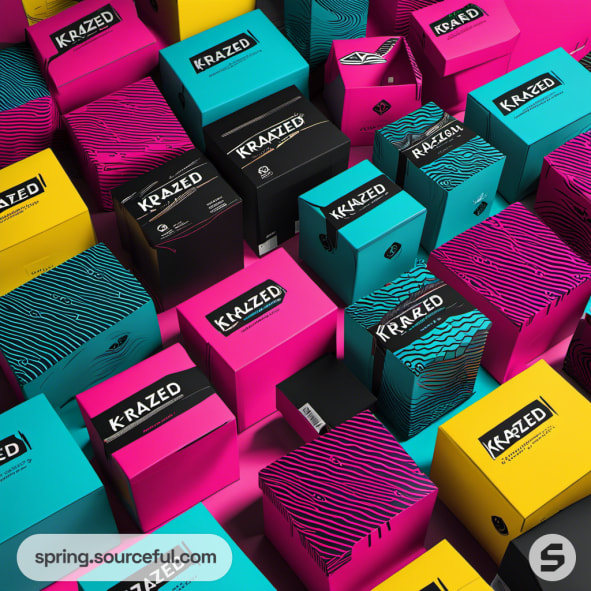 Colorful mailer boxes with 'KRAZED' branding in pink, blue, yellow, and black.