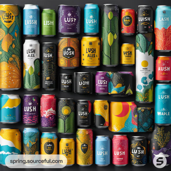 Colorful cans with various drink designs and nature-inspired graphics on a black background.