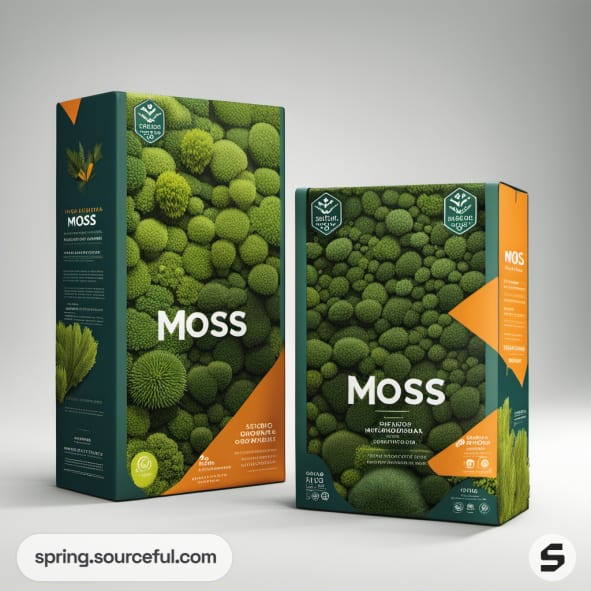 Green and orange packaging with moss patterns, featuring resealable pouches and boxes.