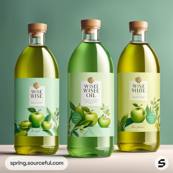 Green oil bottles with apple designs on a wooden background.