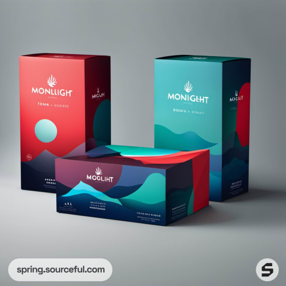 Three colorful boxes with abstract mountain designs, labeled 'Moonlight'.