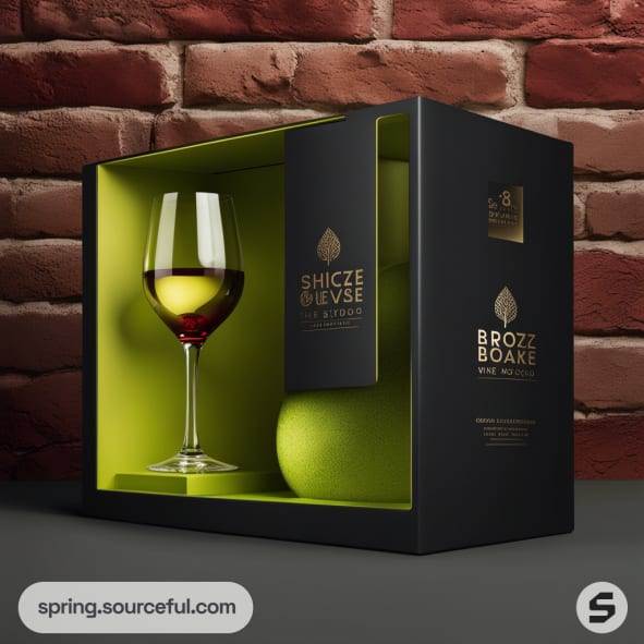 Dark box with wine glass, lime interior, brick background.