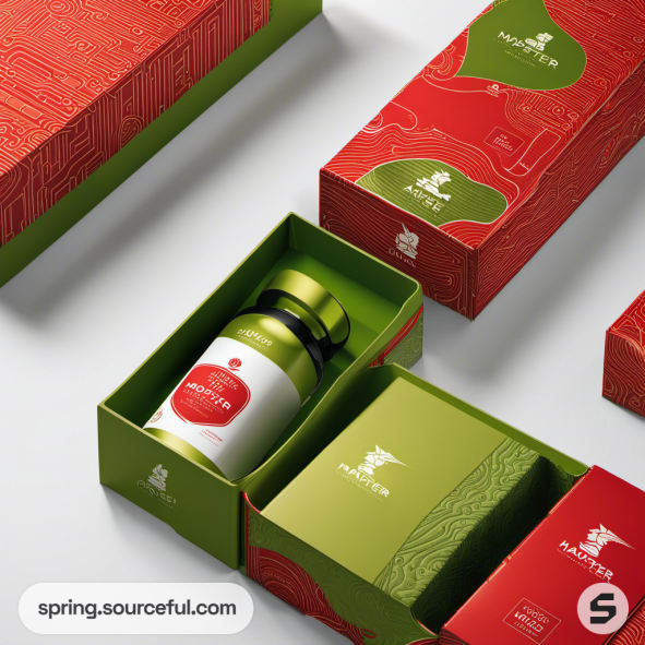 Red and green packaging with map designs, containing a bottle in an open drawer box.