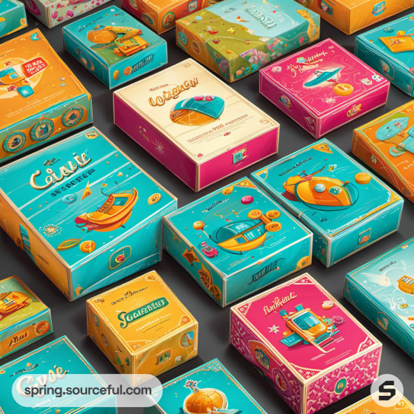 Colorful board game boxes with whimsical illustrations on a gray background.