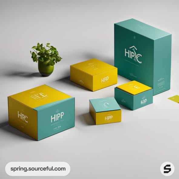 Colorful box set with yellow and teal tones, featuring modern typography, beside a small potted plant.