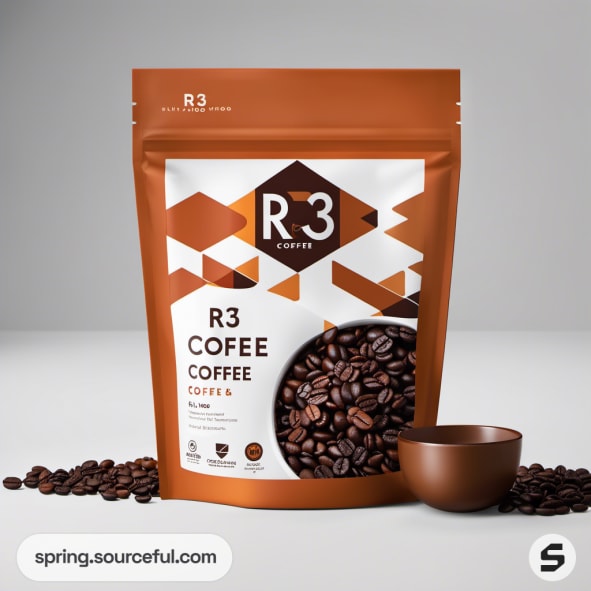 Brown resealable pouch of coffee beans with geometric design.