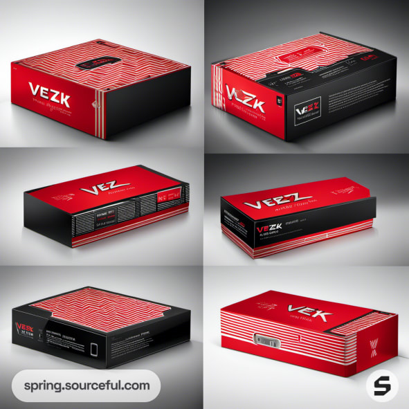 Red and black rectangular packaging boxes with geometric patterns.