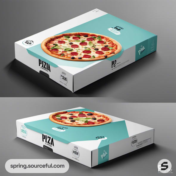 Rectangular pizza box with teal accents featuring a pizza image on a gray background.