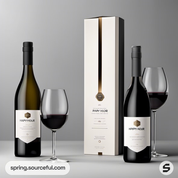 Two wine bottles and glasses with sleek packaging.