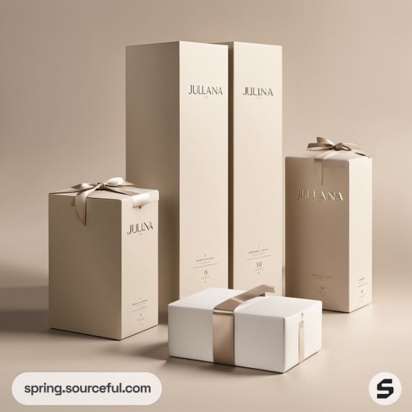 Tall beige boxes with ribbon, simple design.