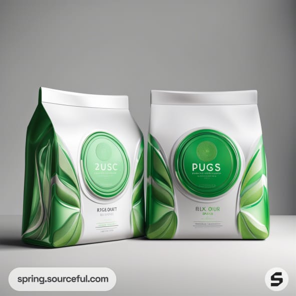 Two green and white resealable pouches with leaf designs, displayed against a gray background.