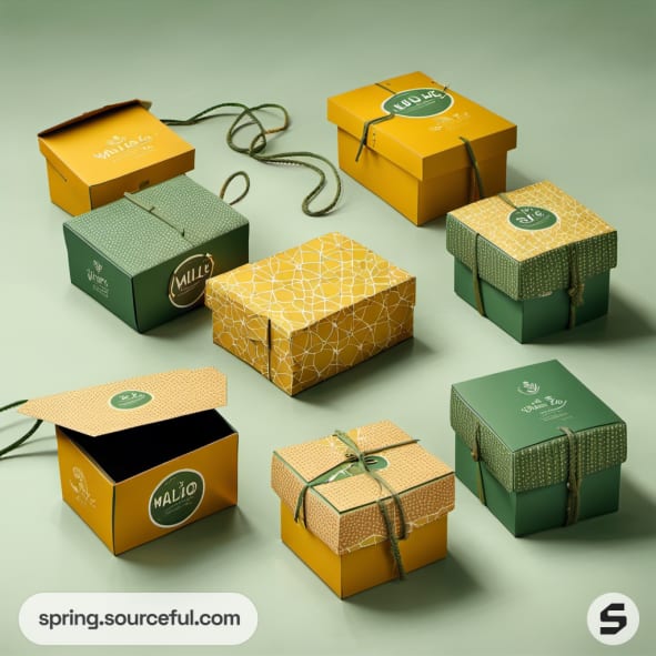 Assorted green and yellow gift boxes with ribbon ties on a green background.