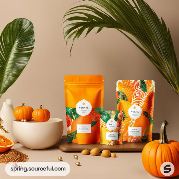 Tropical design resealable pouches with vibrant orange and green patterns, surrounded by decorative pumpkins.