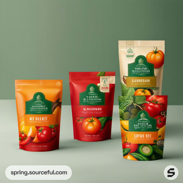 Assorted vegetable-themed resealable pouches on green background.