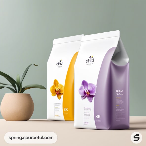 Two resealable pouches with orchid designs, one yellow and one purple, on a minimalist surface with a potted plant.