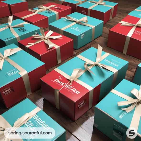 Red and teal gift boxes with ribbons on wood floor